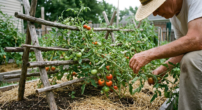 Senior man tending to tomato plants on wooden trellis in garden