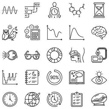 Sleep Science Icons Set, Chronobiology Black White Line Art, Sleep Health Medical Symbols