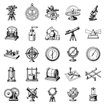Vintage Science Instrument Icons Set, Antique Scientific Black White Engraving Line Art