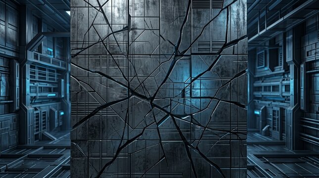 Cracked titanium wall texture with futuristic blue lighting.