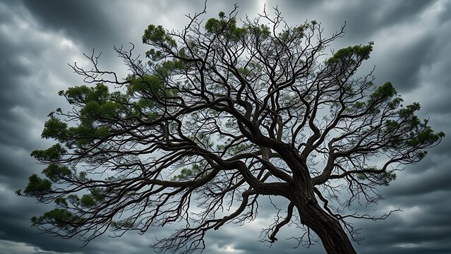 A solitary tree with its canopy bent sharply by strong wind against a stormy sky.