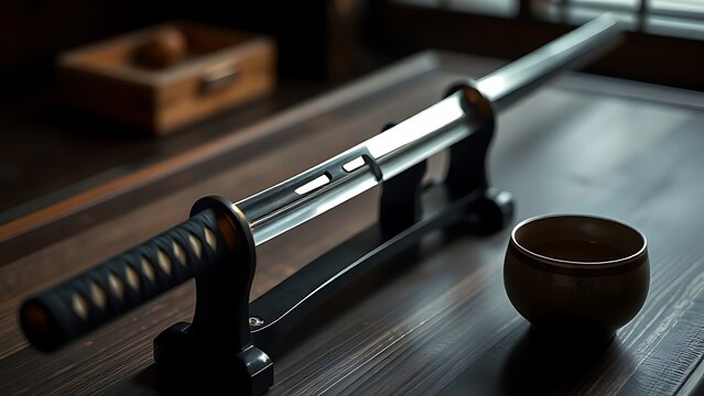 Traditional Japanese katana on dark lacquered stand with a ceramic tea cup beside it.