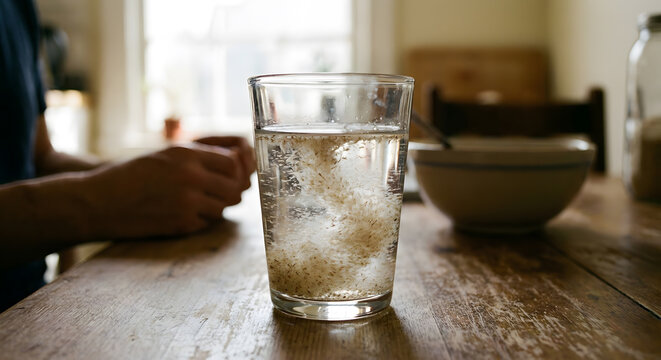 Macro shot of psyllium husk powder mixing in glass of water