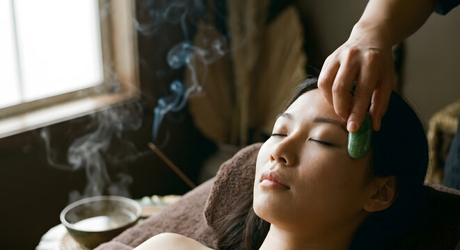 Therapist applying jade stone to woman's temple in serene spa