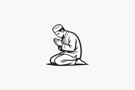 Muslim man praying in kneeling position vector illustration, Islamic worship character isolated on clean background for religion, spirituality, and Ramadan themes. Vector illustration.