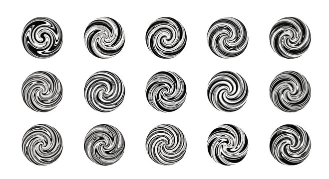 Set of fifteen abstract circular swirl patterns in black and white featuring intricate spiral textures for unique graphic design elements.
