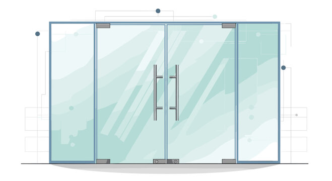 Clean illustration of modern double glass doors with silver handles suitable for an office building or commercial entrance design.