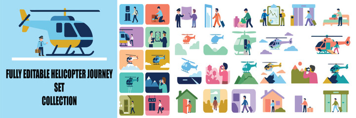 Helicopter journey set collection, flat vector travel icons with passengers and pilots, aviation transportation scenes for tourism and business © s graphics 