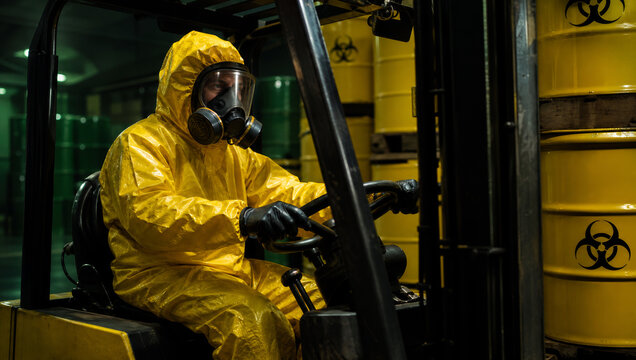 Focused worker drives forklift wearing yellow hazmat mask moving toxic medical waste biohazard barrel to secure industrial storage facility