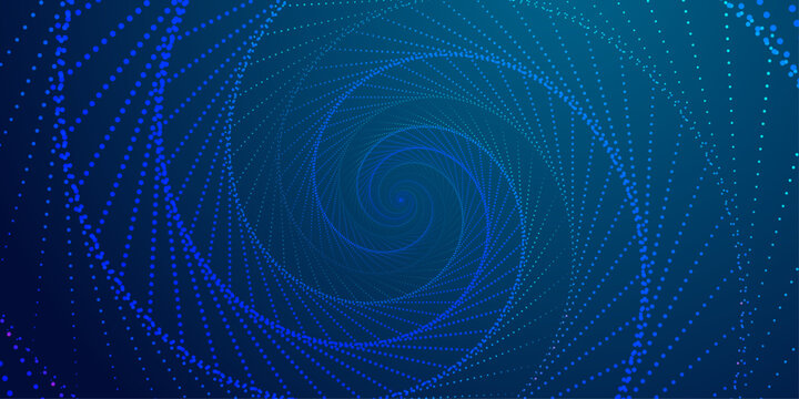 Abstract blue spiral dot vortex background, halftone radial swirl pattern with glowing particles for technology, music and motion design