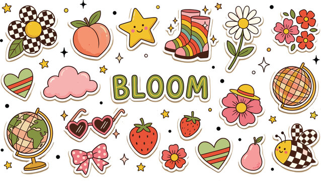Cute cottagecore groovy sticker pack featuring checkerboard bee, rainbow rain boots, daisy flowers, strawberries, globes, and "BLOOM" typography text.