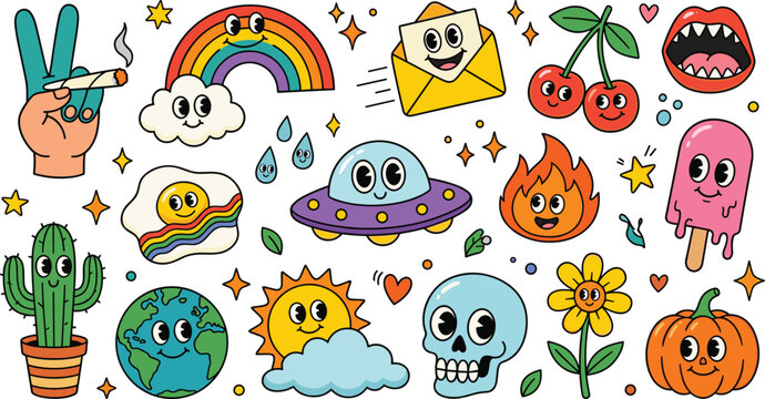Vintage 70s psychedelic groovy sticker collection featuring retro rubber hose characters like happy UFO, skull mascot, rainbow cloud, and classic hand holding joint element.