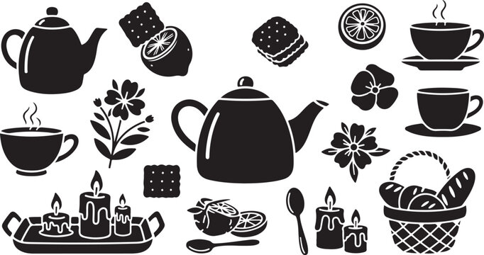 Black and white tea party icons and objects