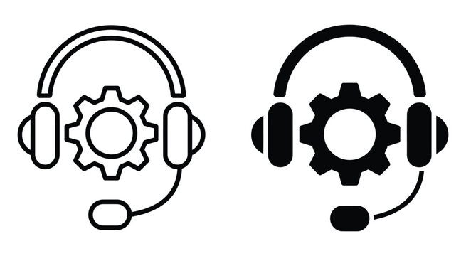 Headset Gear Icons Set in Gray, Black, and Blue Colors Representing Tech Support, Customer Service, and Help Desk Communication Concept Vector Illustration
