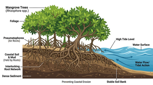 Illustration of Mangrove Tree Roots Preventing Coastal Erosion