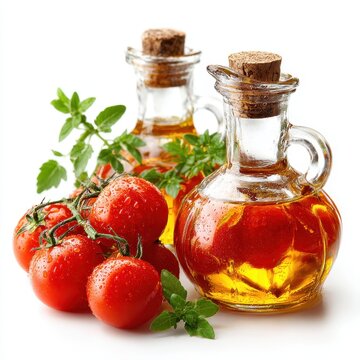 Tomato Infused Olive Oil in Glass Bottles with Fresh Basil and Tomatoes