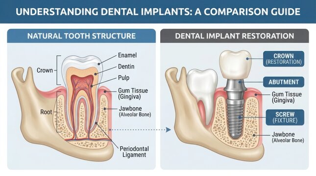 Dental implant restoration compared to natural human tooth anatomy illustration