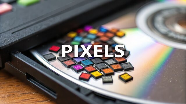 Colorful Pixel Art Design on Optical Disc with CD Case Close-Up