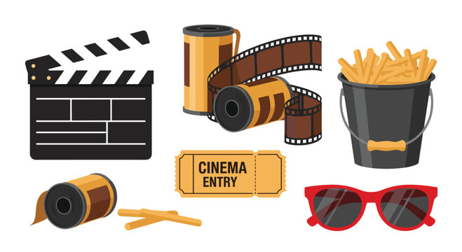 Collection of cinema movie production icons including a film slate reels popcorn bucket entry ticket and 3D glasses.
