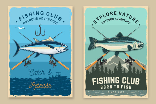 Retro Fishing Poster Collection with Tuna Fish and Outdoor Fishing Club Prints. Outdoor adventure poster in retro style for camping lifestyle branding and print design vector illustration