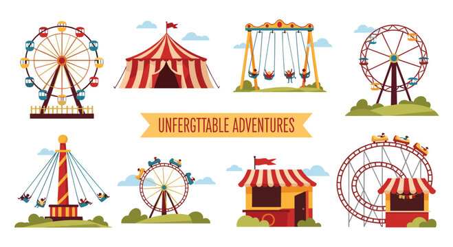 Fun collection of amusement park and carnival attractions including a Ferris wheel, carousel, roller coaster, and circus tent icons.