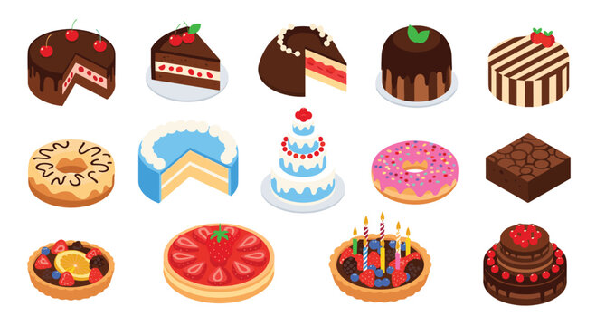 Set of delicious isometric cakes and desserts featuring chocolate cake, fruit tart, brownies, donuts, and multi-layered wedding cakes.