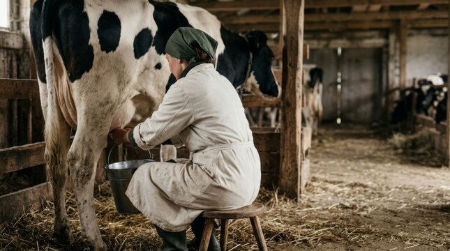 Woman dairy farmer milking holstein cow in rustic wooden barn. Traditional hand milking process with bucket and stool