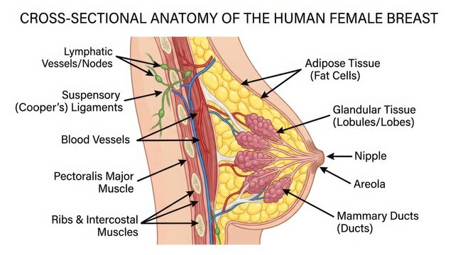 Anatomical cross section diagram of a healthy human female breast illustration