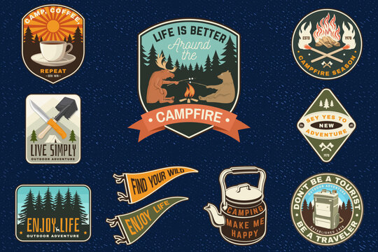 Vintage Camping Badge Set with Retro Outdoor Adventure Patches and Campfire Stickers. Vector patch, sticker for camping outdoor and academic activities