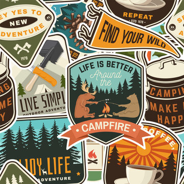 Vintage summer camp colorful seamless pattern with travel inspirational quotes. Vector background with camping tent, camping tools, campfire, mountains and forest silhouettes
