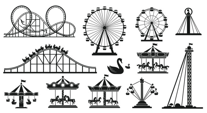 Black silhouettes of various amusement park and carnival rides including roller coasters, ferris wheels, and carousels isolated on white.