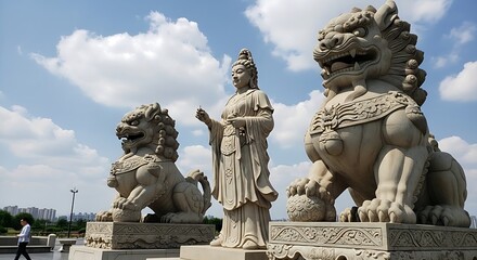 Obraz premium Stone lion statues flank a figure under a partly cloudy sky outdoor architecture