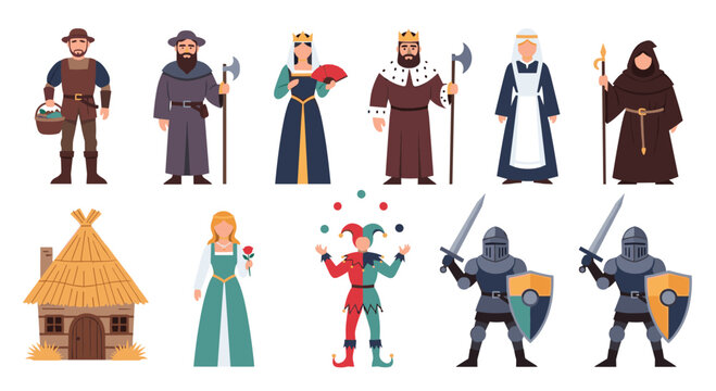 Set of medieval fantasy characters including a king, queen, knight, jester, and peasant with a traditional thatched roof house.