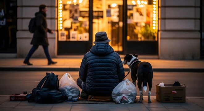 Homeless man with dog on city street poverty and social issues concept