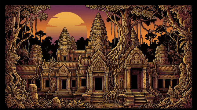 Angkor Wat temple complex at sunset with trees and jungle foliage