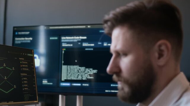 Side view of Caucasian male adult network engineer analyzing programming codes and cybersecurity software using computers in office