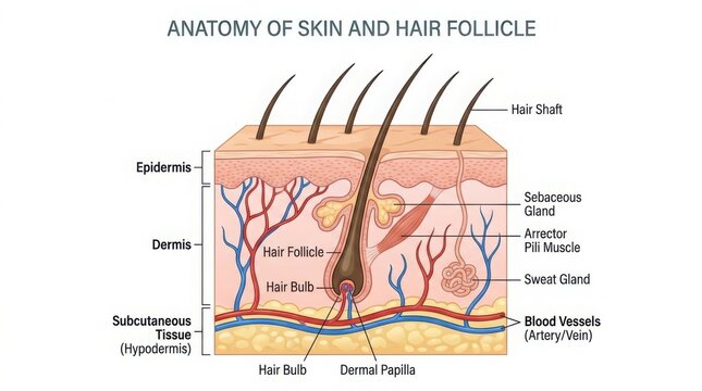 Anatomy of human skin and hair follicle structure diagram illustration