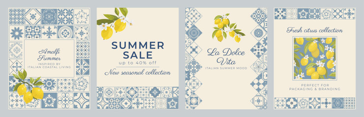 Obraz premium Amalfi Coast social media template collection with Mediterranean lemons and ceramic mosaic tiles in elegant coastal Italian style. Perfect for branding, promotions and summer campaigns