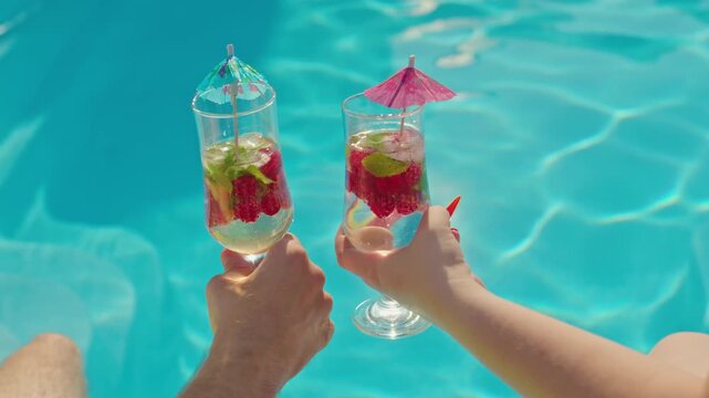 Top-down view of male and female hands holding refreshing cocktails with raspberries and mint by a blue swimming pool on a sunny day.