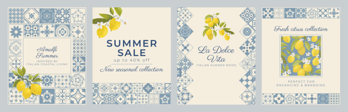 Amalfi Coast social media template collection with Mediterranean lemons and ceramic mosaic tiles in elegant coastal Italian style. Perfect for branding, promotions and summer campaigns