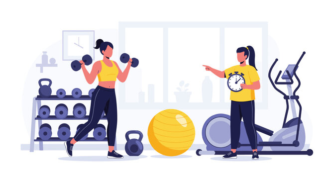 Personal training session in a gym with a woman lifting dumbbells and a coach monitoring time with a stopwatch for fitness.