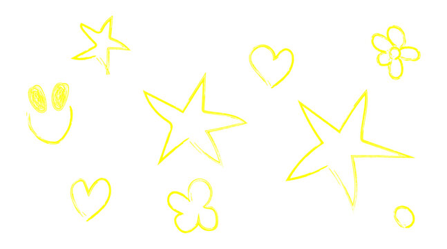 Yellow doodle star heart flower smiley face icons Vector