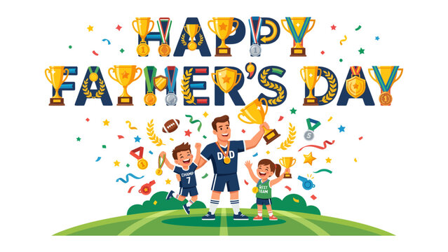 Father's Day Triumph: A heartwarming scene where a father is celebrated by his children, surrounded by trophies and the message of Happy Father's Day. It is a visual ode to the strength of fatherhood.