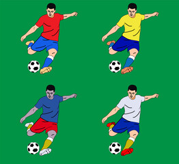 Obraz premium Vector illustration of a soccer player kicking a ball in four different colorful jerseys on green background
