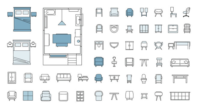 Architectural floor plan of a bedroom accompanied by a wide variety of top down furniture icons for interior design and layout planning.