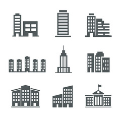 Obraz premium Collection of various city building icons in gray silhouette style, urban architecture symbols.