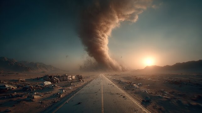 Asphalt road stretches toward dust storm engulfing desert landscape at sunset