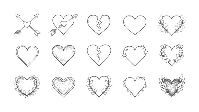 Collection of hand drawn heart with various decorative love romance broken arrow
