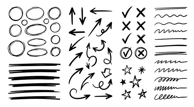 Hand Drawn Black Marker Doodles Set with Arrows, Circles, Underlines, and Check Marks; Minimalist Sketch Scribble Elements for Business Presentation, Note Taking, and Infographic Design on White Backg