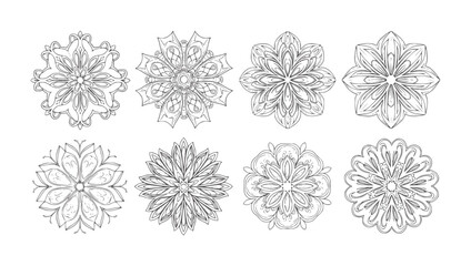 Obraz premium Eight intricate grey line mandalas white pattern symmetrical floral geometric